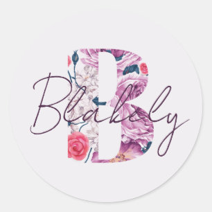 Blakely Baby Name Flower Script Vintage Floral B Runder Aufkleber