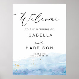 BLAKELY Blue Watercolor Gold Fleck Hochzeit Begrüß Poster