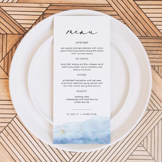 BLAKELY Dusty Blue Watercolor Beach Wedding Menu Menükarte