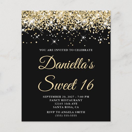 Blale Gold Glitzer Black Sweet 16 Budget Einladung (Vorderseite)