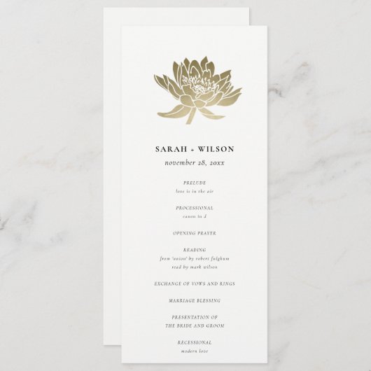 Blale Gold White Lotus Floral Wedding Program Einladung (Vorne/Hinten)