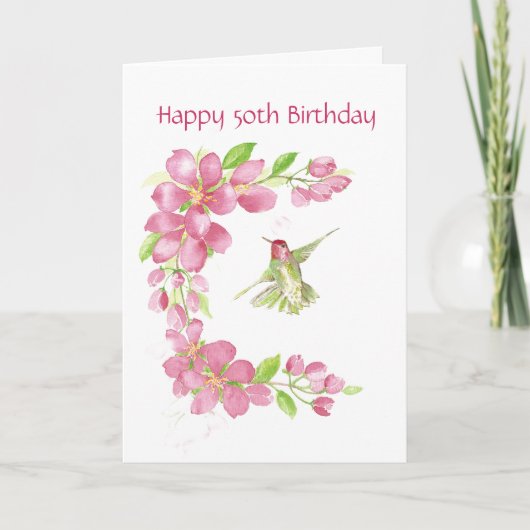 Blank 50th Birthday Cherry Blossom & Hummingbird Karte (Vorderseite)