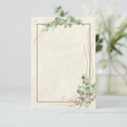 Blank Budget Eukalyptus und Gold Hochzeit Invitati Einladung (Stehend Vorderseite)