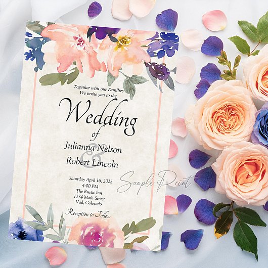 Blank Budget Orange und blauen Blumen Hochzeit Inv Einladung