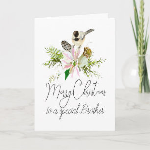 Blank Christmas Chickadee Bird Pointsettia Brother Karte
