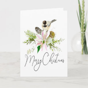 Blank Christmas Chickadee Bird Pointsettia Karte