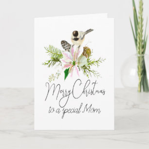 Blank Christmas Chickadee Bird Pointsettia Mama Karte