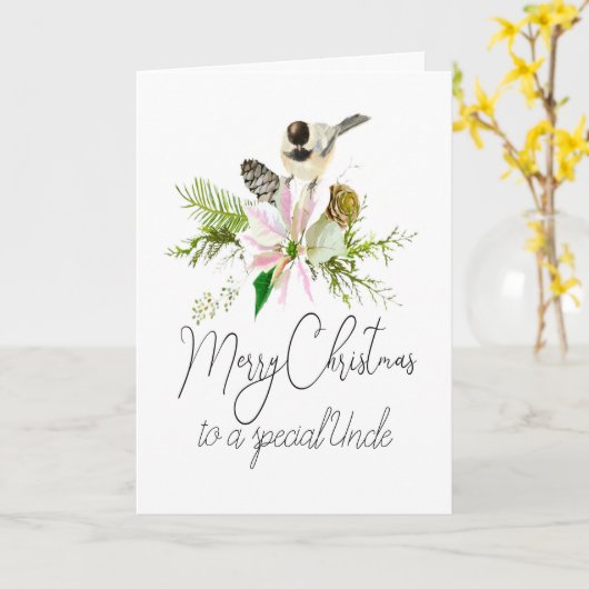 Blank Christmas Chickadee Bird Pointsettia Uncle Karte (Gelbe Blume)