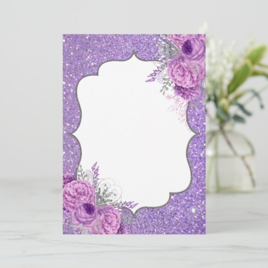 Blank Glitzer Lila Blumeneinladung Einladung (Stehend Vorderseite)