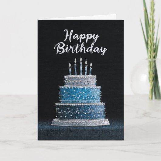 BLANK INSIDE: Blue & Silver Birthday Cake Design Karte (Vorderseite)