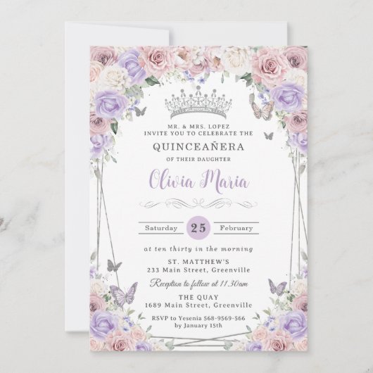 Blank Pink Lilac Weiße Blütensilber Quinceañera Einladung (Vorderseite)