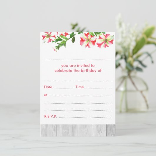 Blank Rustikale Wasserfarbe Trailing Petunias Gebu Einladung (Stehend Vorderseite)