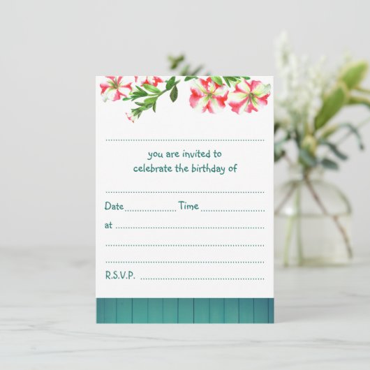 Blank Rustikale Wasserfarbe Trailing Petunias Gebu Einladung (Stehend Vorderseite)