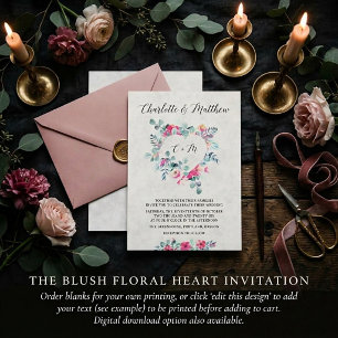 Blanke rosa Wasserfarbe florale Herz Hochzeit  Einladung