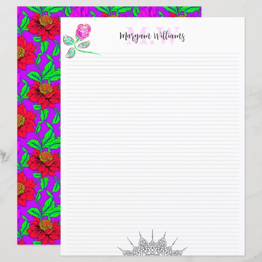 Blanke süße florale Monogramm-Name-Schreibwarenpap (Vorne/Hinten)