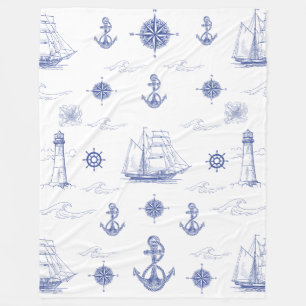 Blanket Navy Blue Nautical Ships Achor Coastal Fleecedecke