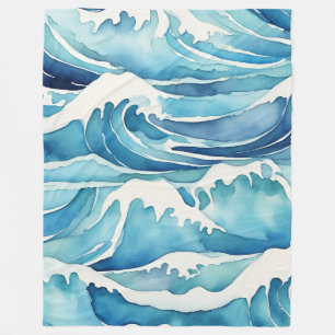 Blanket Ocean Waves Watercolor Blue Beige Küste Fleecedecke