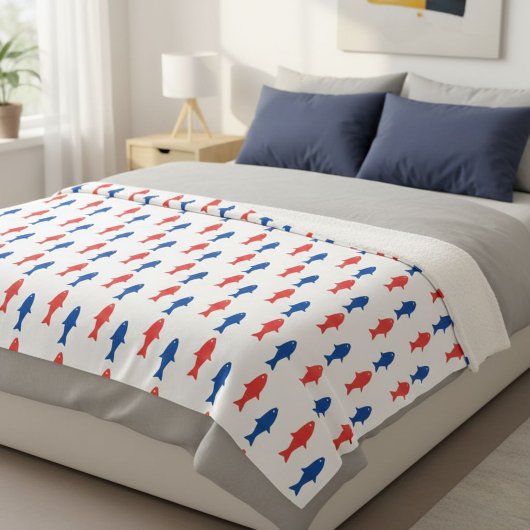 Blanket with red and blue fish, nautical design sherpadecke