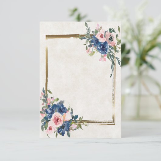 Blankrosa und blaue Blumen mit goldfarbenem Rahmen Einladung (Stehend Vorderseite)