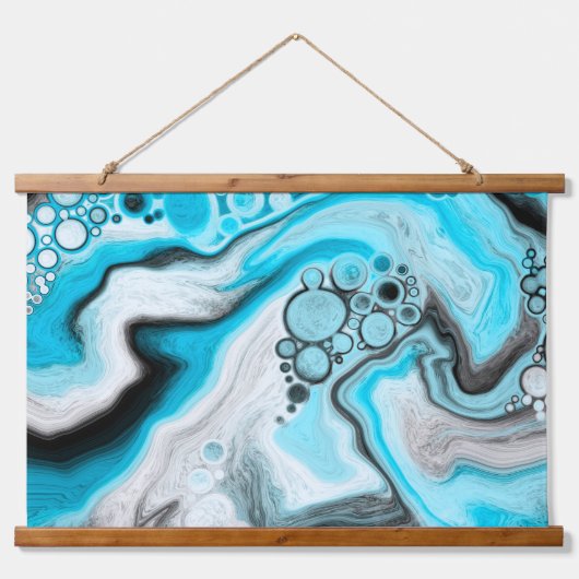 Bläschen aus schwarzem, blauem und weißem Marmor Wandteppich Mit Holzrahmen (Vorne)