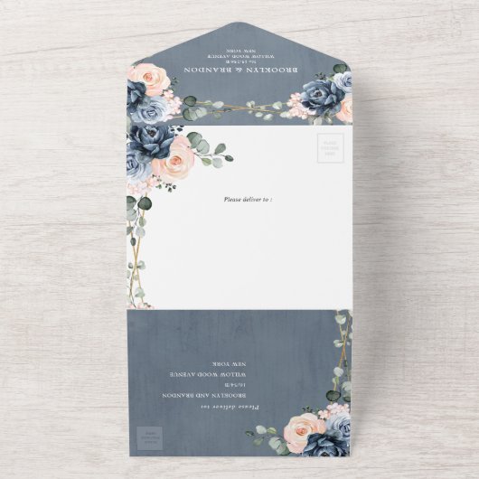 Bläschen-Bläschen-Hochzeit mit blauer Pfirsichblüt All In One Einladung (Außenbereich)