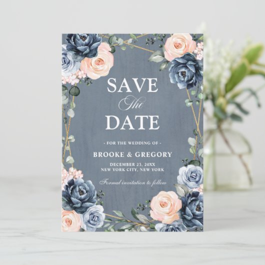 Bläschen-Bläschen-Hochzeit mit blauer Pfirsichblüt Save The Date (Stehend Vorderseite)