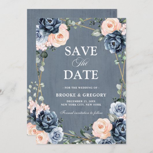 Bläschen-Bläschen-Hochzeit mit blauer Pfirsichblüt Save The Date (Vorne/Hinten)