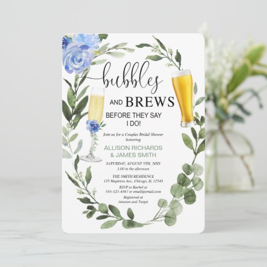 Bläschen Blauen Grünpflanzen Paare Brautparty Einladung (Stehend Vorderseite)