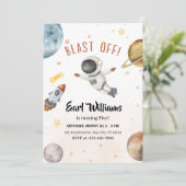 "Blase ab!" Weltraum Astronaut 5. Geburtstag Einladung (Stehend Vorderseite)