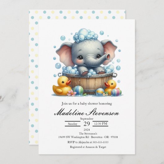 Blase Bath Elephant Kinderdusche Einladung (Vorne/Hinten)