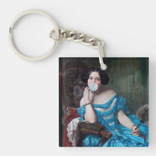 Blase Gummi Diva in blauem Satin Schlüsselanhänger (Vorderseite)