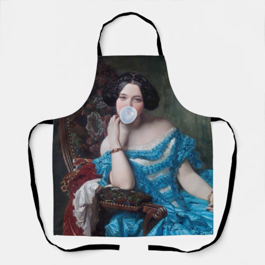 Blase Gummi Diva in blauem Satin Schürze (Vorderseite)