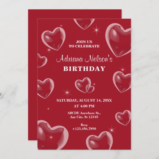 Blase vom Roten Herzen zum Geburtstag Einladung (Vorne/Hinten)