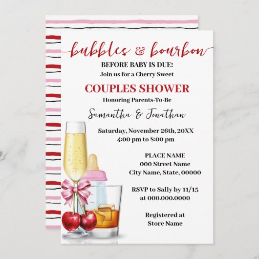 Blasen & Bourbon vor Baby Due Kirschdusche Einladung (Vorne/Hinten)