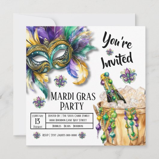 Blasen und Perlen Mardi Gras Party Einladung (Vorderseite)