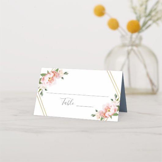 Bläserblush Gold Geometric Dusty Blue Wedding Platzkarte (Vorderseite)