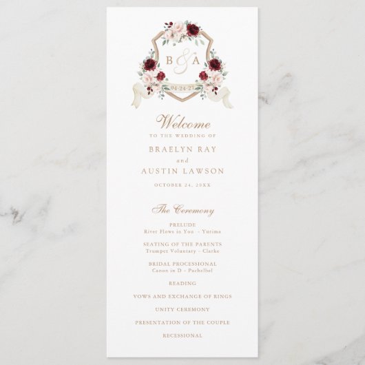 Bläserblütenpeitsche Mongram-Wappen Hochzeit Programm (Vorderseite)