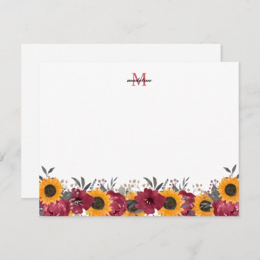 Bläserfarbene Sonnenblume Burgundy Monogram Mitteilungskarte (Vorne/Hinten)