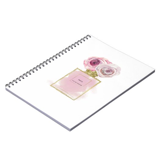 Bläserfashion Parfüm Flasche Rosa Rosen Gold Glam Notizblock (Linke Seite)