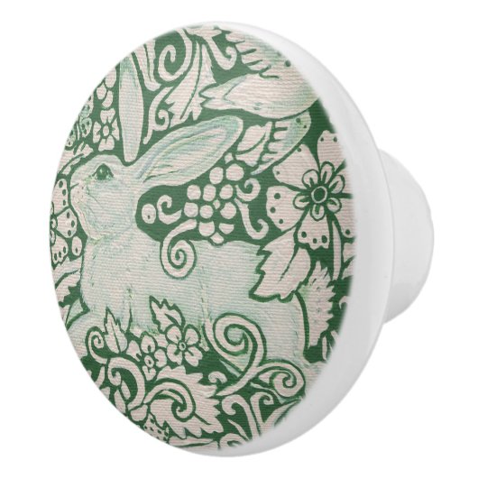 Bläserfolklorenknopf mit grünem weißem Kaninchen Keramikknauf (Rechts)