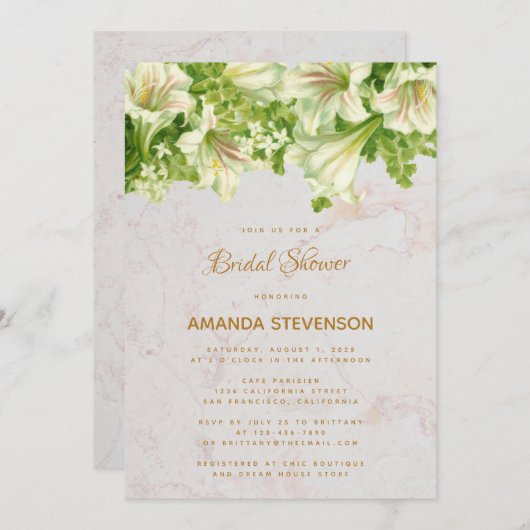 Bläsermarmor Weißes Lilies Brautparty Einladung (Vorne/Hinten)