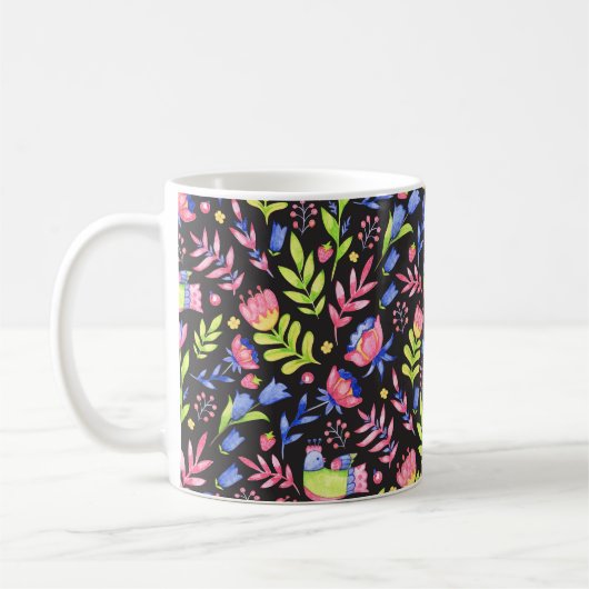 Bläsernahes Muster. Frühlingsblumen und Kaffeetasse (Links)
