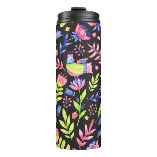Bläsernahes Muster. Frühlingsblumen und Thermosbecher (Vorderseite)