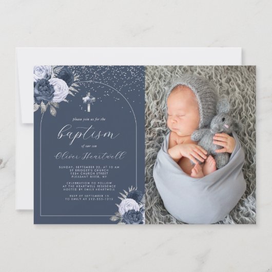 Bläsernavy Blauer Kreuzbogen Foto Boys Taufe Einladung (Vorderseite)