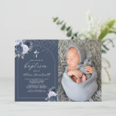 Bläsernavy Blauer Kreuzbogen Foto Boys Taufe Einladung (Stehend Vorderseite)