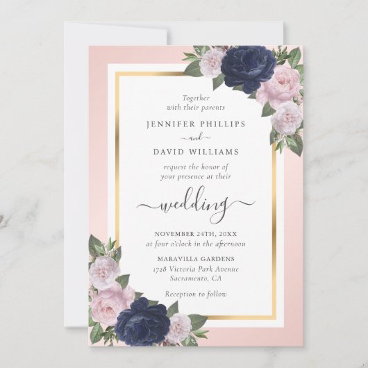 Bläsernavy Blush Gold Calligraphy Wedding Einladung (Vorderseite)