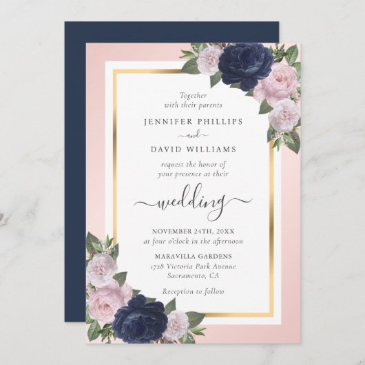 Bläsernavy Blush Gold Calligraphy Wedding Einladung (Vorne/Hinten)