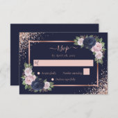 Bläsernavy Blush Pink Rose Gold Hochzeit RSVP Karte (Vorne/Hinten)