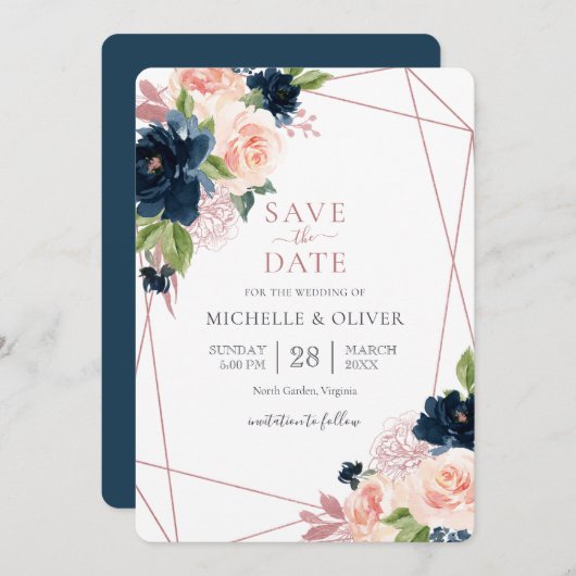 Bläsernavy und Blush Geometric Save the Date Invi Einladung (Vorne/Hinten)