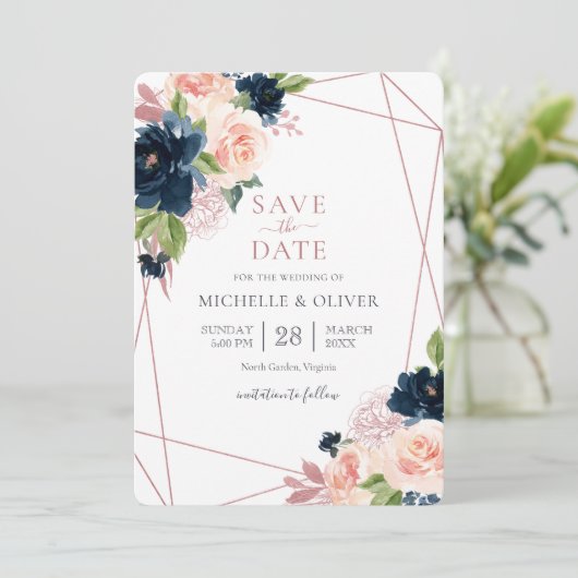 Bläsernavy und Blush Geometric Save the Date Invi Einladung (Stehend Vorderseite)